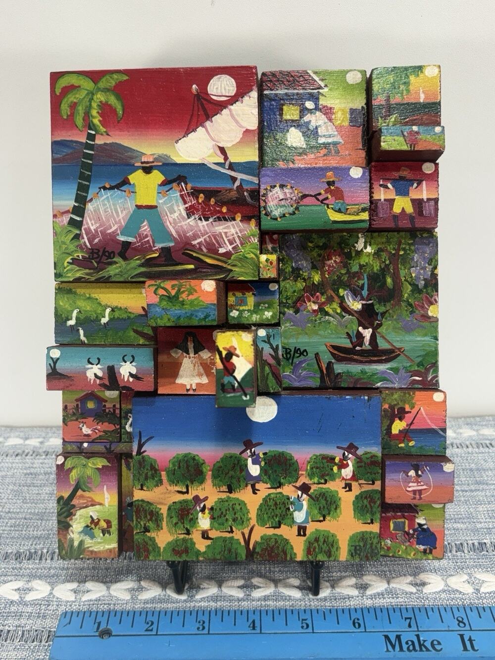 Vintage 1990 Caribbean Folk Art 3D Wood Block Painting Village Scenes Signed